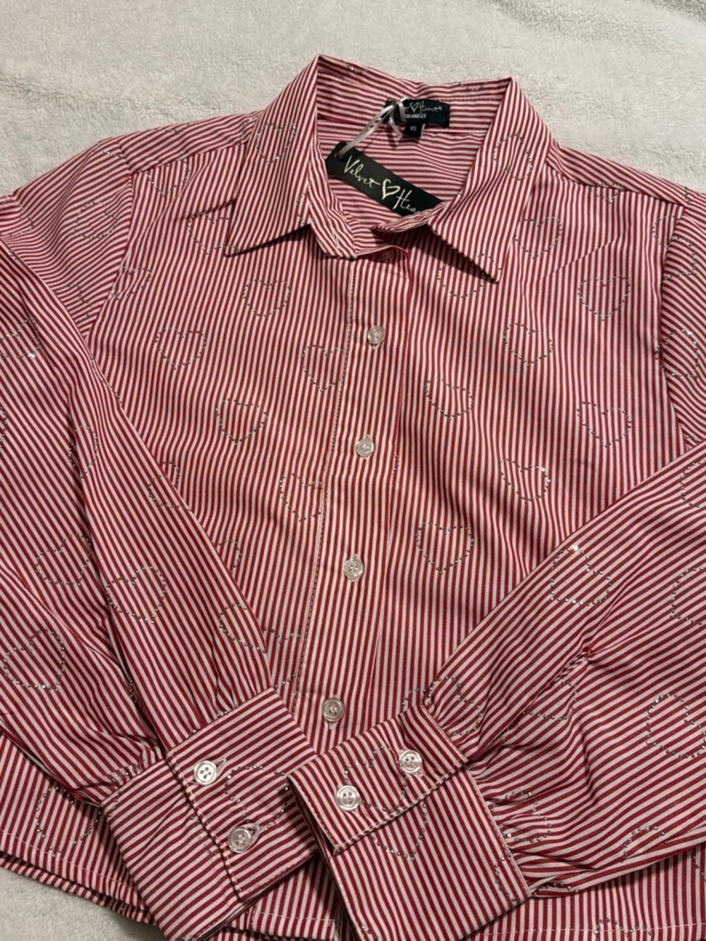 Velvet Heart Pink and White Striped Button-Down Shirt with Heart Motif